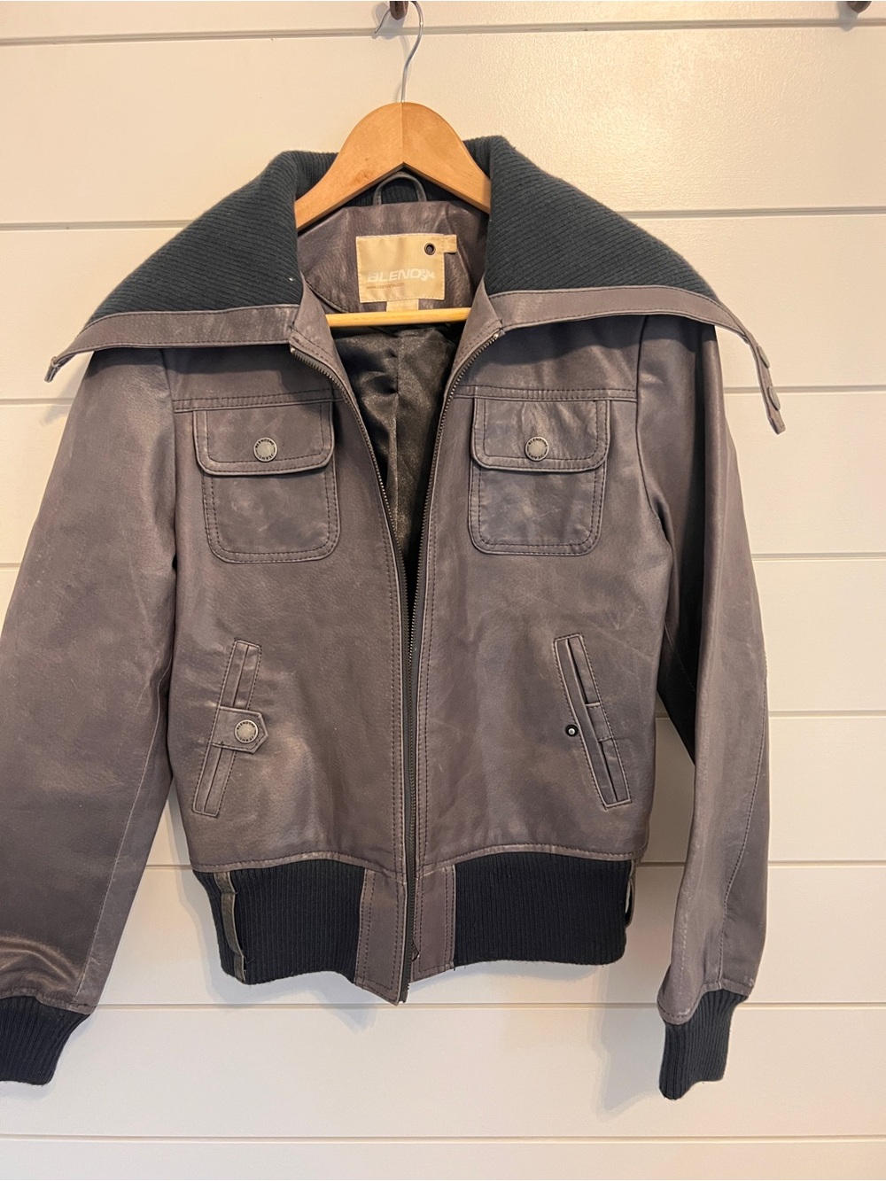 BlendShe vintage Y2K Women's Gray Leather Bomber Jacket with Rib Knit Hem